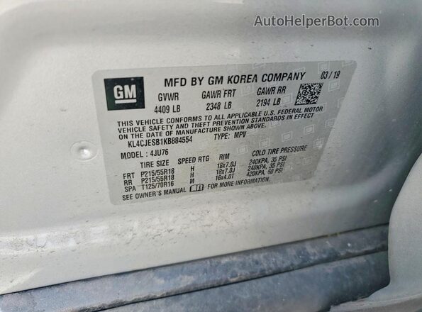 KL4CJESB1KB884554 2019 BUICK ENCORE Silver Vista de la etiqueta del VIN