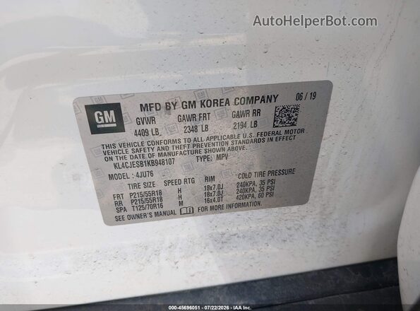 KL4CJESB1KB948107 2019 BUICK ENCORE Белый Вид подкапотного пространства