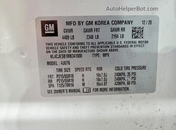 KL4CJESB1MB341000 2021 BUICK ENCORE White Widok naklejki z numerem VIN