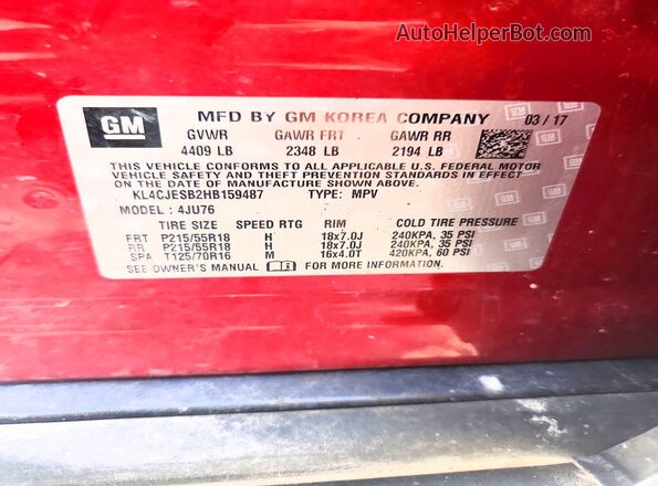 KL4CJESB2HB159487 2017 BUICK ENCORE Red Vista de la etiqueta del VIN