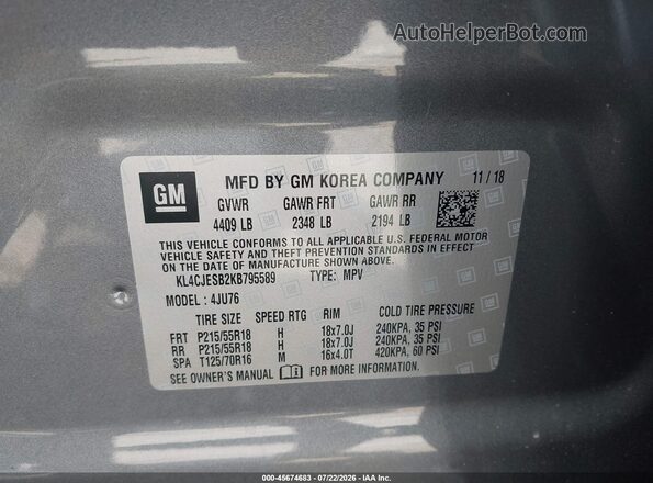 KL4CJESB2KB795589 2019 BUICK ENCORE Gray ძრავის განყოფილების ხედი