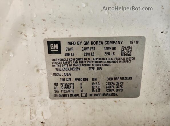 KL4CJESB3LB032059 2020 BUICK ENCORE White Vista de la etiqueta del VIN