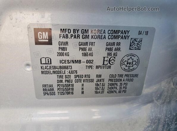 KL4CJESB4JB686873 2018 BUICK ENCORE Silver Вид підкапотного простору