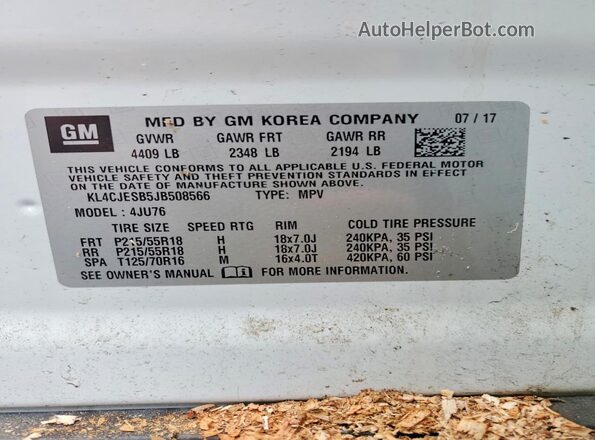 KL4CJESB5JB508566 2018 BUICK ENCORE White VIN կոդի պիտակի տեսք