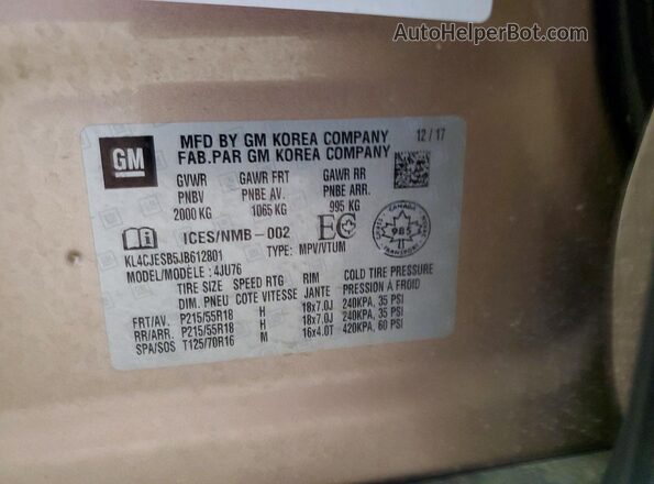 KL4CJESB5JB612801 2018 BUICK ENCORE Желто-коричневый Вид наклейки с VIN-кодом
