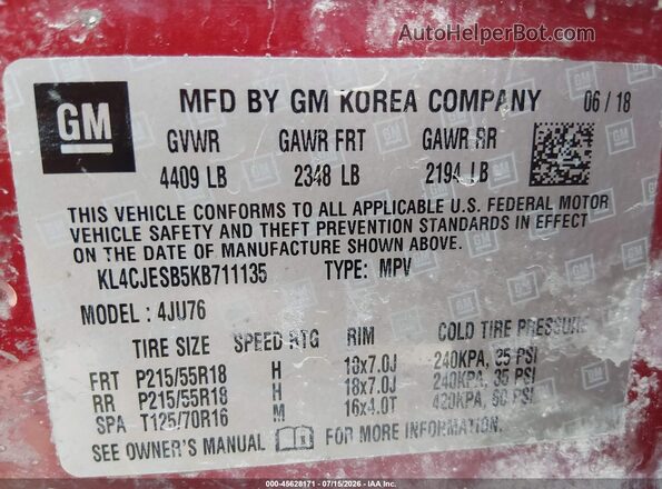 KL4CJESB5KB711135 2019 BUICK ENCORE Red ძრავის განყოფილების ხედი
