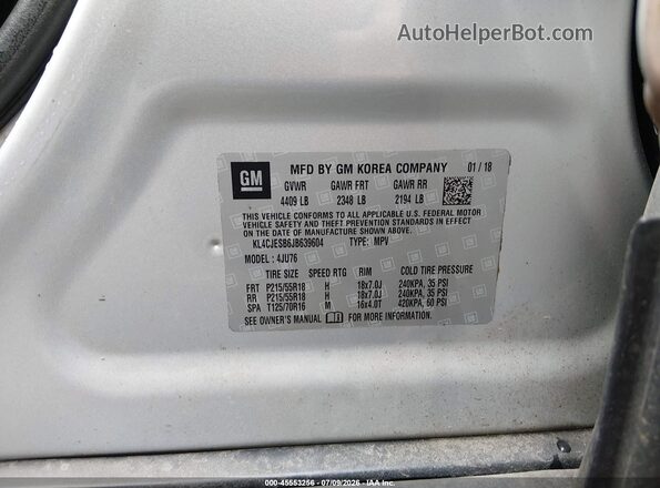 KL4CJESB6JB639604 2018 BUICK ENCORE Silver Engine compartment view