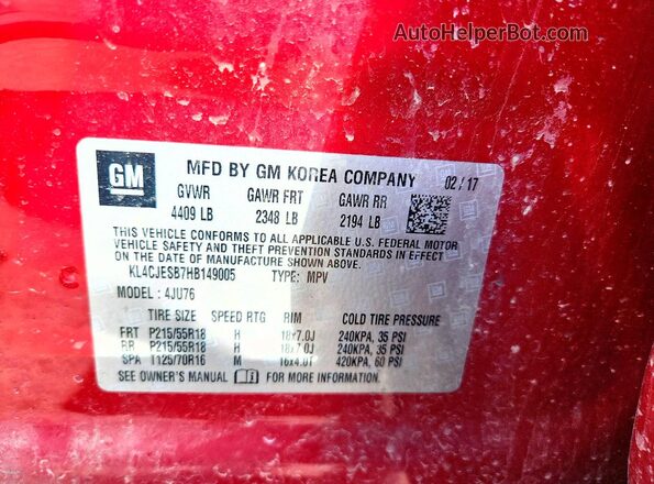 KL4CJESB7HB149005 2017 BUICK ENCORE Красный Вид наклейки с VIN-кодом
