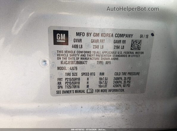 KL4CJESB7JB686477 2018 BUICK ENCORE Silver Engine compartment view