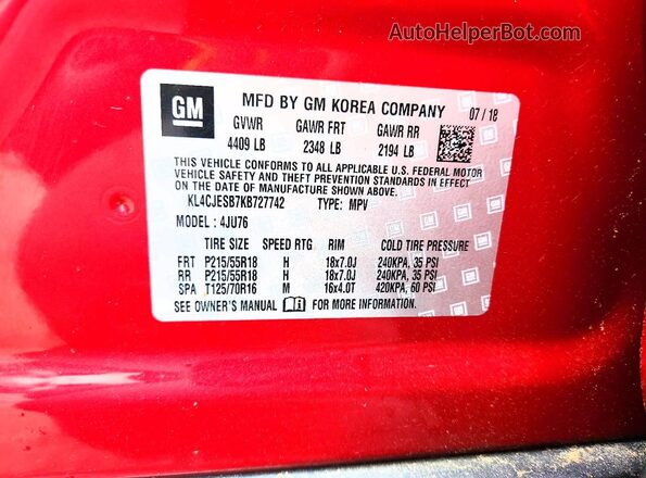KL4CJESB7KB727742 2019 BUICK ENCORE Красный Панорамный вид салона 360°