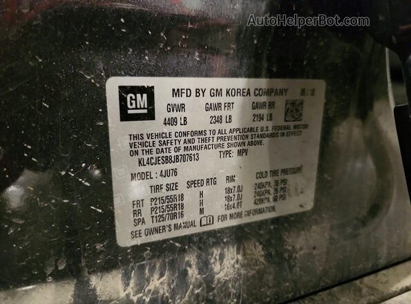 KL4CJESB8JB707613 2018 BUICK ENCORE Gray VIN sticker view