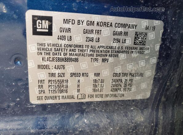 KL4CJESB8KB899486 2019 BUICK ENCORE Blue Панорамний вид салону 360°