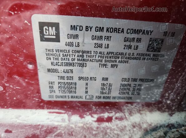 KL4CJESB9KB770513 2019 BUICK ENCORE Red VIN კოდის სტიკერის ხედი