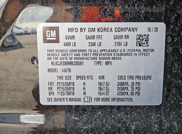 KL4CJESB9MB335591 2021 BUICK ENCORE Черный Вид наклейки с VIN-кодом