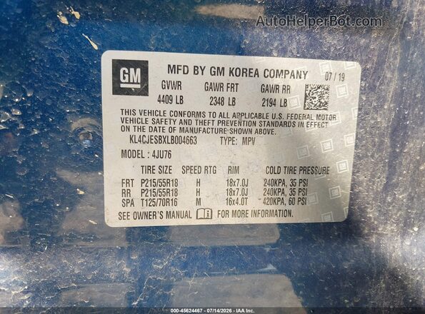 KL4CJESBXLB004663 2020 BUICK ENCORE Blue Вид підкапотного простору