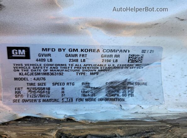 KL4CJESM1MB363192 2021 BUICK ENCORE Серебряный Панорамный вид салона 360°