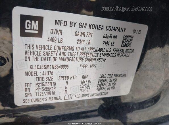 KL4CJESM1NB540096 2022 BUICK ENCORE Black Вид підкапотного простору