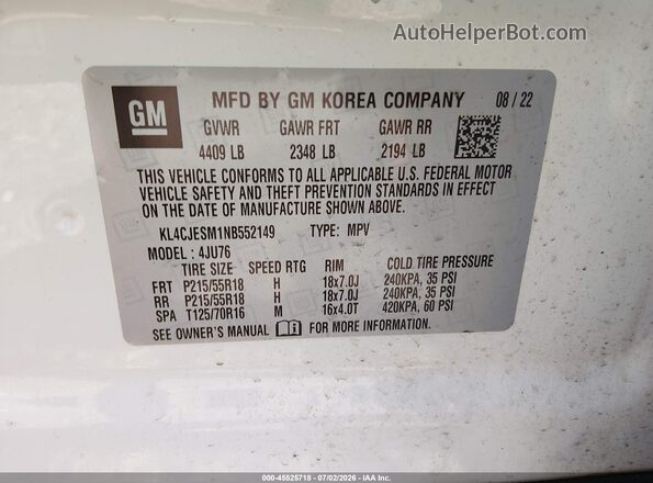 KL4CJESM1NB552149 2022 BUICK ENCORE White Widok komory silnika