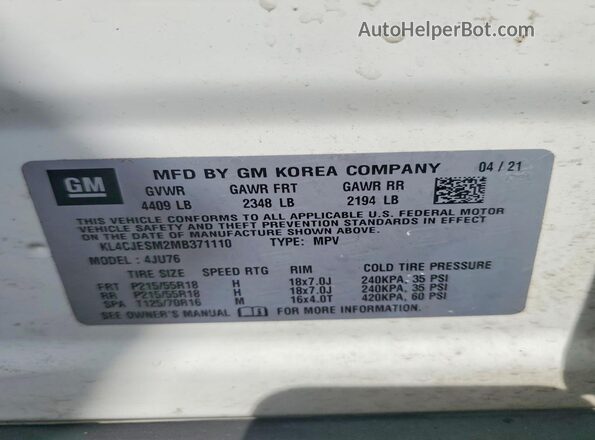 KL4CJESM2MB371110 2021 BUICK ENCORE White ძრავის განყოფილების ხედი