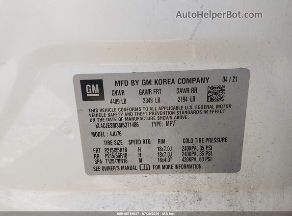 KL4CJESM3MB371486 2021 BUICK ENCORE White Engine compartment view