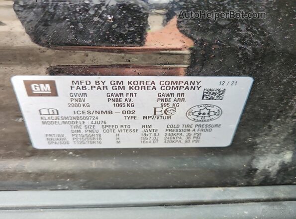 KL4CJESM3NB509724 2022 BUICK ENCORE Black Widok naklejki z numerem VIN