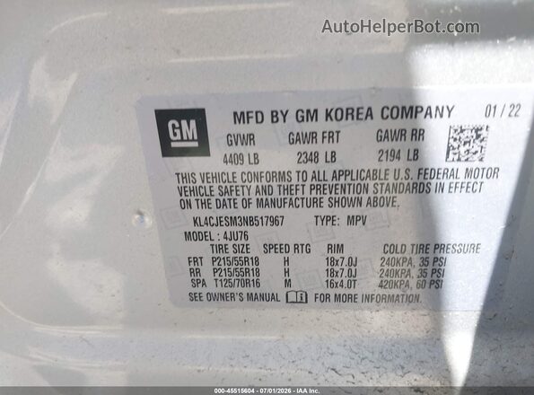 KL4CJESM3NB517967 2022 BUICK ENCORE Серебряный Вид подкапотного пространства