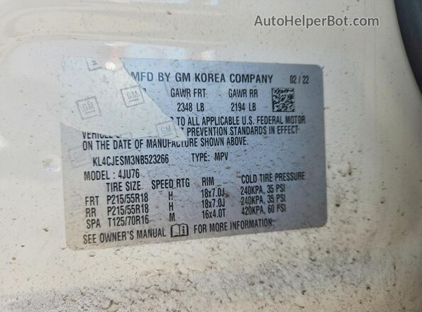 KL4CJESM3NB523266 2022 BUICK ENCORE White Вид наклейки з VIN-кодом