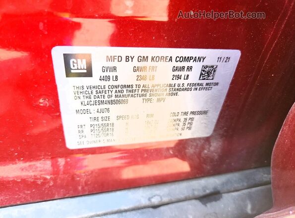 KL4CJESM4NB506069 2022 BUICK ENCORE Red Вид наклейки з VIN-кодом