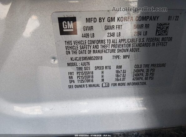KL4CJESM5NB520918 2022 BUICK ENCORE Silver Вид підкапотного простору