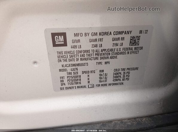 KL4CJESM6NB555273 2022 BUICK ENCORE Silver Widok komory silnika