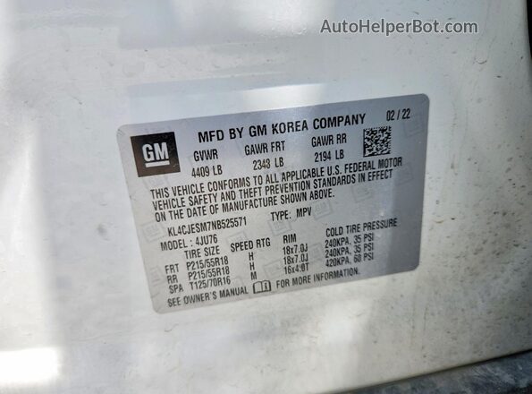 KL4CJESM7NB525571 2022 BUICK ENCORE White Widok naklejki z numerem VIN