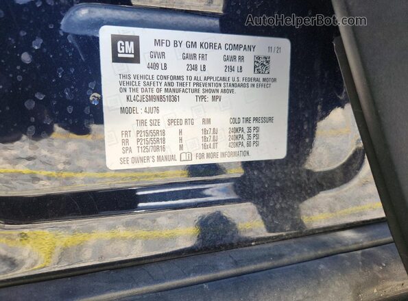 KL4CJESM9NB510361 2022 BUICK ENCORE Blue VIN კოდის სტიკერის ხედი