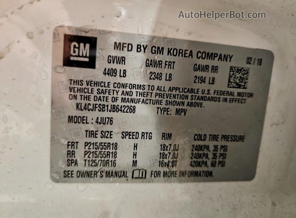KL4CJFSB1JB642268 2018 BUICK ENCORE White Vista de la etiqueta del VIN