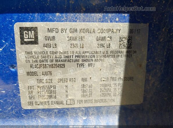 KL4CJFSB7HB204929 2017 BUICK ENCORE Синий Вид подкапотного пространства