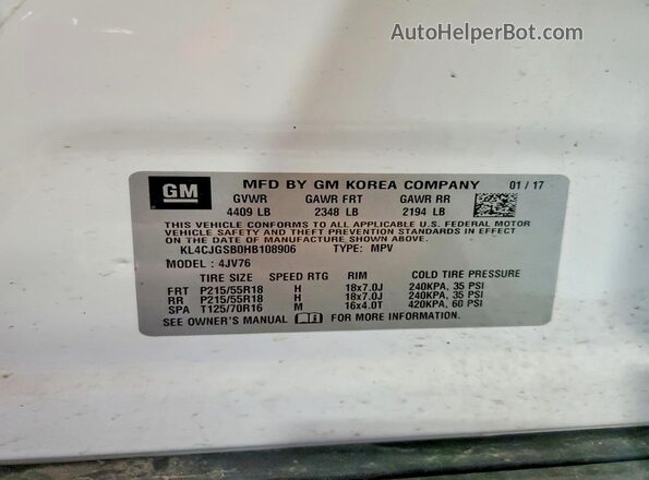 KL4CJGSB0HB108906 2017 BUICK ENCORE White VIN კოდის სტიკერის ხედი
