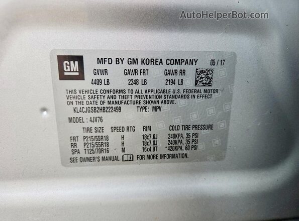 KL4CJGSB2HB222499 2017 BUICK ENCORE Silver VIN კოდის სტიკერის ხედი