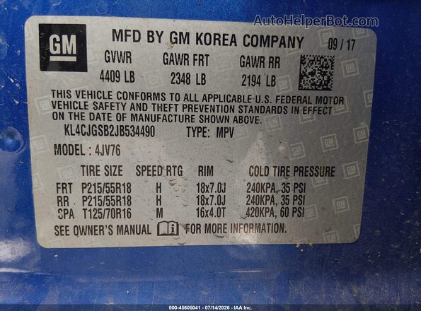 KL4CJGSB2JB534490 2018 BUICK ENCORE Blue Engine compartment view