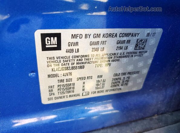 KL4CJGSB2JB551869 2018 BUICK ENCORE Blue VIN կոդի պիտակի տեսք