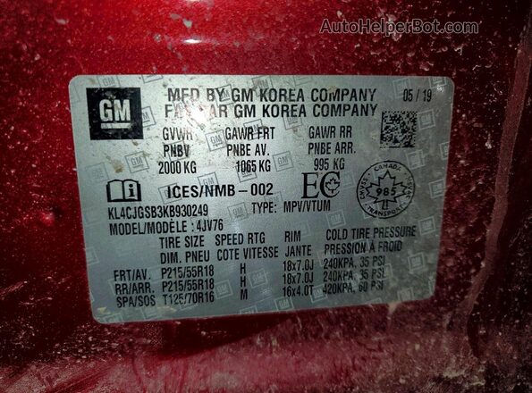 KL4CJGSB3KB930249 2019 BUICK ENCORE Red Սալոնի 360 աստիճան տեսք