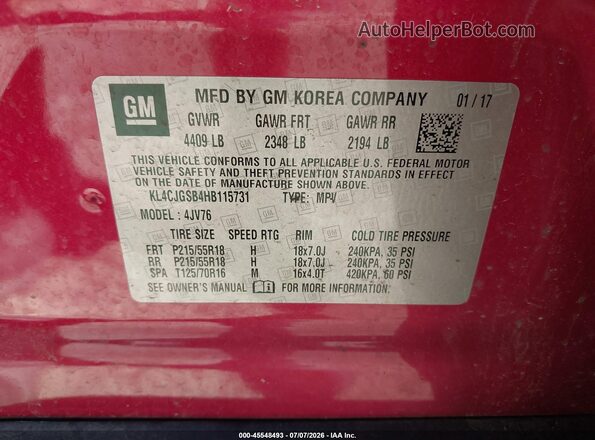 KL4CJGSB4HB115731 2017 BUICK ENCORE Red Շարժիչի բաժամունքի տեսք