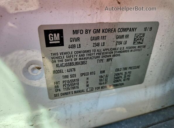 KL4CJGSB5LB043852 2020 BUICK ENCORE White VIN կոդի պիտակի տեսք