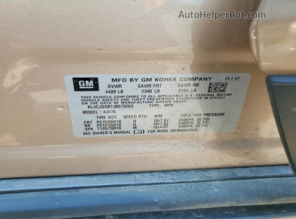 KL4CJGSB7JB579263 2018 BUICK ENCORE Желто-коричневый Вид наклейки с VIN-кодом