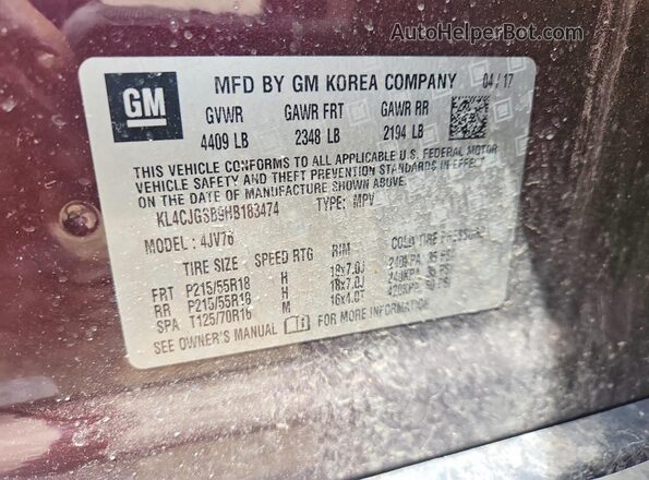 KL4CJGSB9HB183474 2017 BUICK ENCORE Purple Vista de la etiqueta del VIN