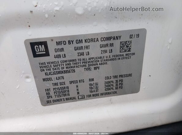 KL4CJGSM0KB856726 2019 BUICK ENCORE White Вид підкапотного простору