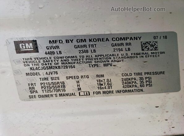 KL4CJGSM2KB728164 2019 BUICK ENCORE White Widok naklejki z numerem VIN