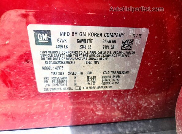 KL4CJGSM3KB797347 2019 BUICK ENCORE Красный Вид наклейки с VIN-кодом