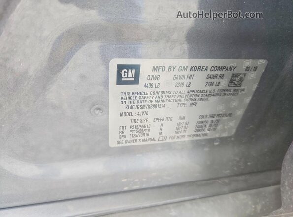 KL4CJGSM7KB881574 2019 BUICK ENCORE Gray Вид наклейки з VIN-кодом