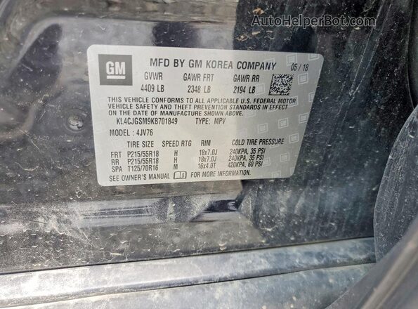 KL4CJGSM9KB701849 2019 BUICK ENCORE Black Vista de la etiqueta del VIN
