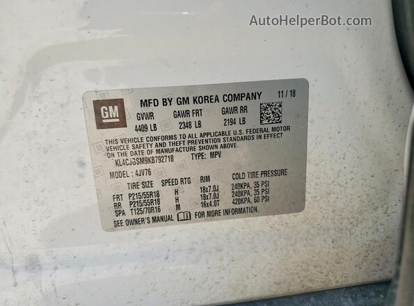 KL4CJGSM9KB792718 2019 BUICK ENCORE White Вид наклейки з VIN-кодом