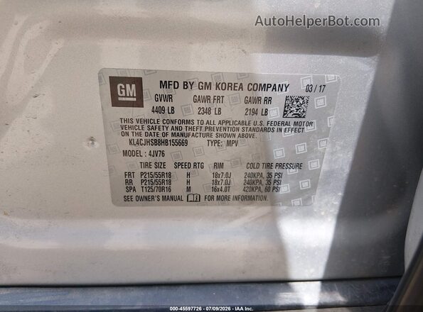 KL4CJHSB8HB155669 2017 BUICK ENCORE Silver Vista del compartimento del motor